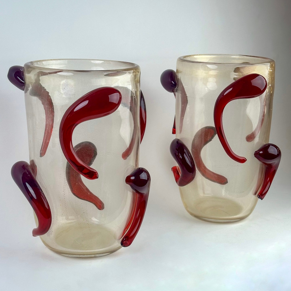 Late 20th Century Pair of Transparent Murano Art Glass w/ Red Applications Vases