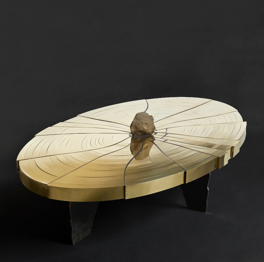 Fracture Cosmique Brass & Black Steel Coffee Table with Meteorite by Atelier EB