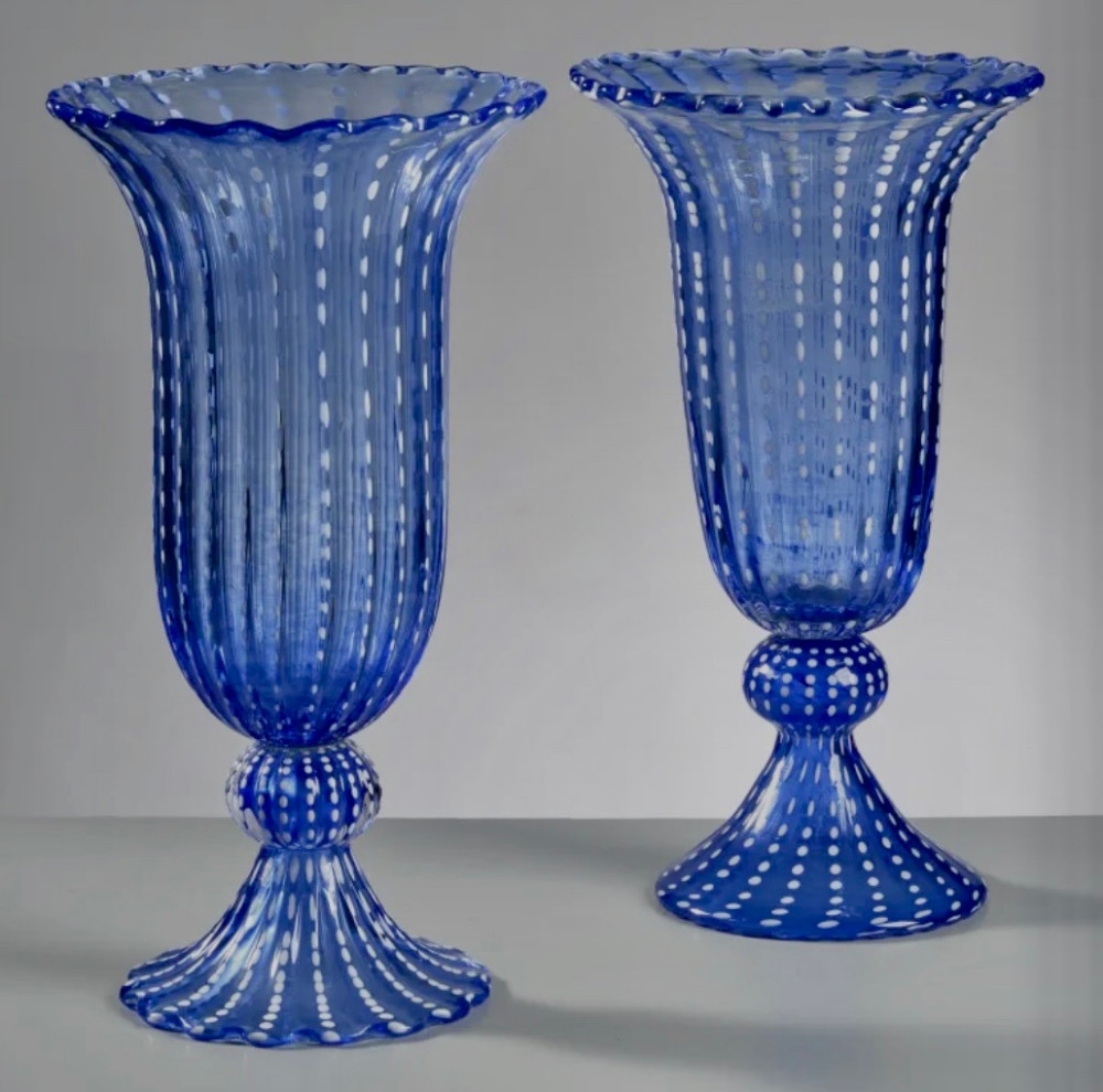 Mid-Century Modern Pair of Tall Blue Ribbed Murano Glass Vases